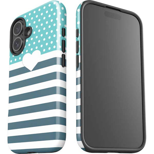 Polka Dots and Stripes Heart in Blue iPhone 16 Plus Impact Case